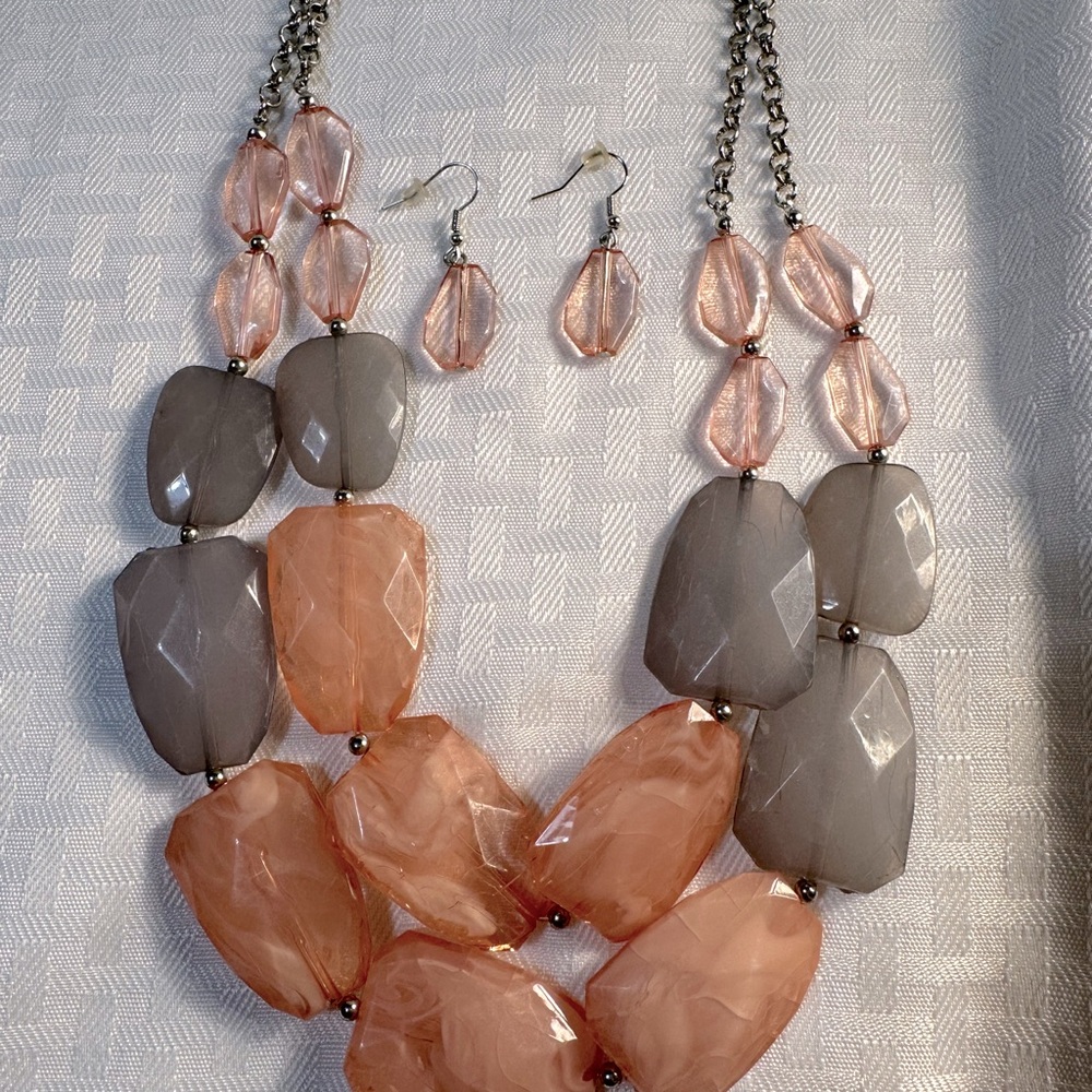 Pink & Grey Double Strand Stone Necklace Set
